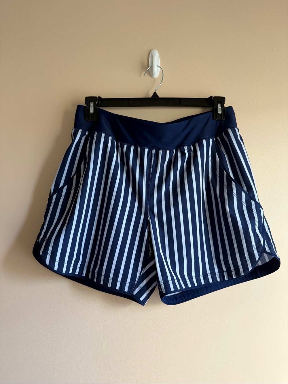 Lands' End Navy & White Vertical Stripe Swim Shorts